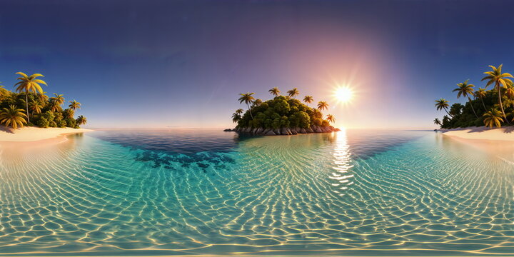 Full 360 degrees seamless spherical panorama HDRI equirectangular projection of A lush tropical island. Texture environment map for lighting and reflection source rendering 3d scenes.	
