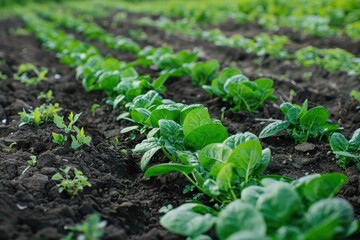 High quality photo of rows of green spinach in a field