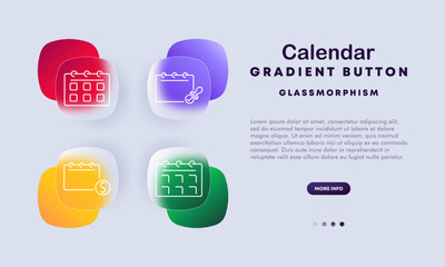 Calendar icon set. Date, scheduling, reminders, event planning, office, organization, time management, glassmorphism, digital design.