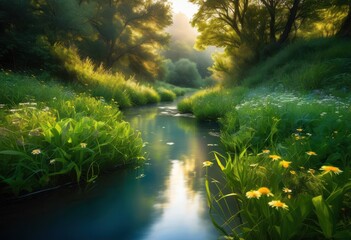 Fototapeta premium lush vibrant foliage surrounded soft hazy natural scenery serene landscape, arboretums, blooms, biodiversity, branches, bushes, canopies, change, colors