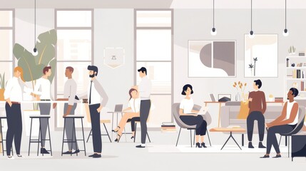 Business People Characters in Coworking Place. Businessman and Businesswoman Working, Discussing and Meeting in Open Space Office. Coworkers and Freelancers Team. Flat Cartoon , Generative AI