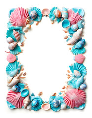 Obraz premium Illustration of seashells in blue, orange, pink, turquoise colors. Summer photo frame for photos from vacation, holiday by the sea, on the beach, flyer, invitation, template for decoration and design