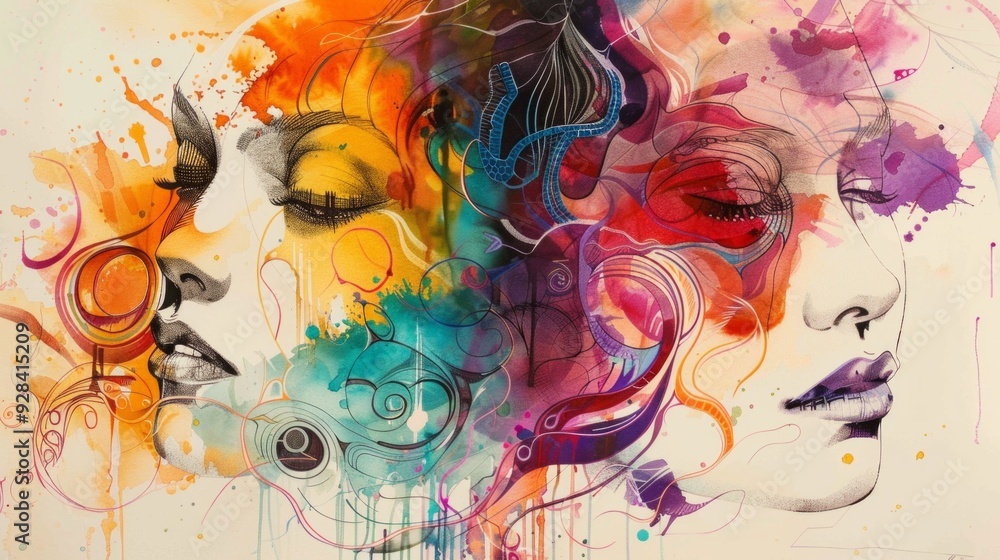Aufkleber a vibrant and abstract watercolor portrait showcasing two serene faces intertwined with colorful swi