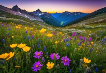 breathtaking mountain landscape surrounded colorful wildflowers full bloom under clear blue sky, alpine, backdrop, beauty, botanical, bright, cheerful