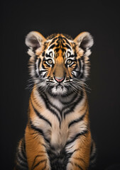 Fototapeta premium A stunning image showing a young tiger in closeup, with vibrant stripes, expressive eyes, and intricate fur set against a dark background, highlighting its majestic beauty