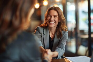 Happy mid aged business woman manager handshaking at office meeting. Smiling female hr hiring recruit at job interview, bank or insurance agent, lawyer making contract deal with client, Generative AI