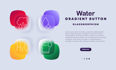 Water icon set. Water interface with cloud, droplet, H2O, glass, hydration, weather, science, drinking water, environmental design, app interface, fluid, quality, user interface