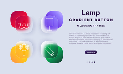 Lamp icon set. Chandelier, floor lamp, street lamp, and spotlight icons. Glassmorphism design with gradient buttons for UI UX, mobile, and web applications