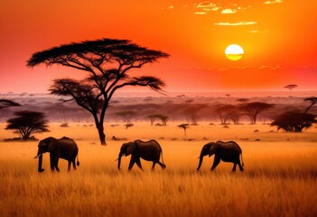 Fototapeta premium stunning vibrant savanna landscape sunrise featuring rich wildlife shadows natural beauty, grassland, horizon, vegetation, colors, sky, dawn, animals