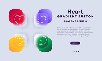 Heart icon set. Locked heart, sparkling, broken, border icons. Glassmorphism design with gradient buttons for UI UX, mobile, and web applications