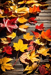 Obraz premium colorful vibrant fall leaves scattered over rustic wooden surface creating lively autumn display, foliage, nature, scenery, texture, background, seasonal