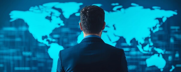 A business person analyzes global data trends in front of a digital world map, showcasing modern technology and data analysis.