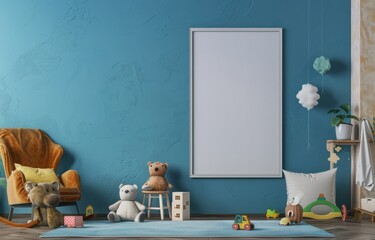 Mockup of a blank poster frame in a children's room, featuring a blue wall, toys, and a baby chair. The blank white picture is perfect for design presentation.