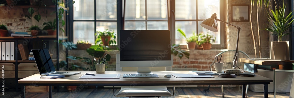 Aufkleber a bright and inviting workspace with a desktop computer, laptop, and plants. the large windows provi