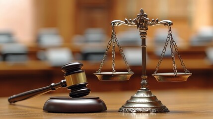 Balance of Justice: Scales and Gavel in Courtroom Setting, Symbol of Fairness and Law.