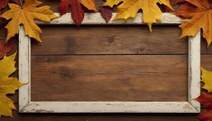 Obraz premium grunge background of old boards with a frame of autumn yellow dry maple leaves. Top view with copy space