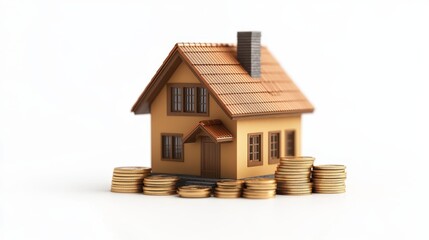 Real estate investment with A miniature house model surrounded by stacks of coins on a table, symbolizing real estate investment and financial growth,Concept for property ladder,Saving money.