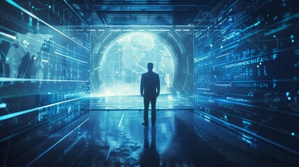 A businessman stands in a futuristic data center, facing a digital globe that symbolizes global connectivity, data access, technology advancements, innovation, and future possibilities.