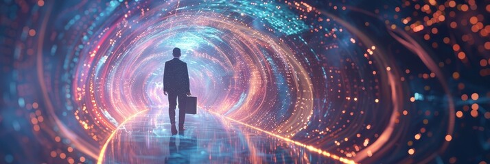 A businessman walks toward a bright, colorful futuristic tunnel of light, symbolizing progress, innovation, success, opportunity, and the future.