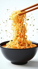 Chicken noodle soup or Japanese ramen noodles with vegetables in a bowl on white background,korea noodle and chopsticks that are picking up noodles,vector illustration.