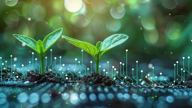 A background of circuit board patterns with plant, Blue geometric background. 