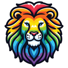 Vibrant rainbow lion head illustration with bold colors on white background, pride symbolism banner