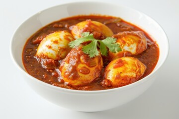 Fototapeta premium Indian spicy red egg roast served in a white ceramic bowl with a white background
