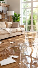 Wooden floor flooded with water as a result of flooding, in a well-lit living room with large windows, stylish sofa