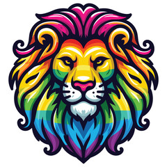 Vibrant rainbow colored lion head illustration for posters, isolated on white background