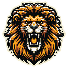 Fierce roaring lion illustration in orange and black, isolated on white, logo or tattoo design