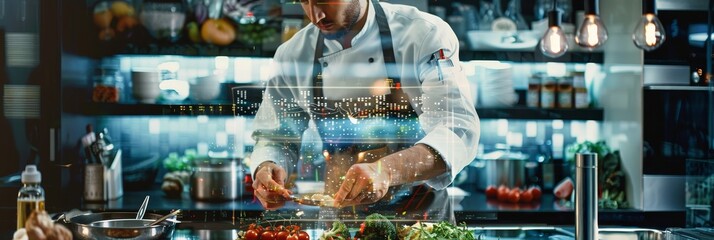 A chef in a professional kitchen prepares a meal, with a digital overlay showcasing data and information about the ingredients and process.  This image symbolizes innovation, technology, culinary arts