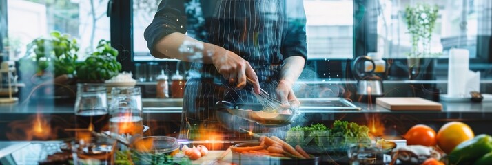 A chef passionately cooks in a modern kitchen, flames and smoke swirl around them, symbolizing their dedication and the magic of culinary creation.