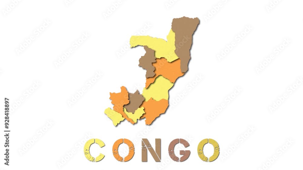 Poster congo map with paper regions. animated country map growing from regions and title letters falling do