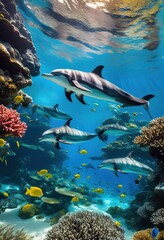 Fototapeta premium colorful coral reefs teeming diverse marine life vibrant ecosystems, fish, underwater, ocean, biodiversity, tropical, algae, seaweed, habitat, shells