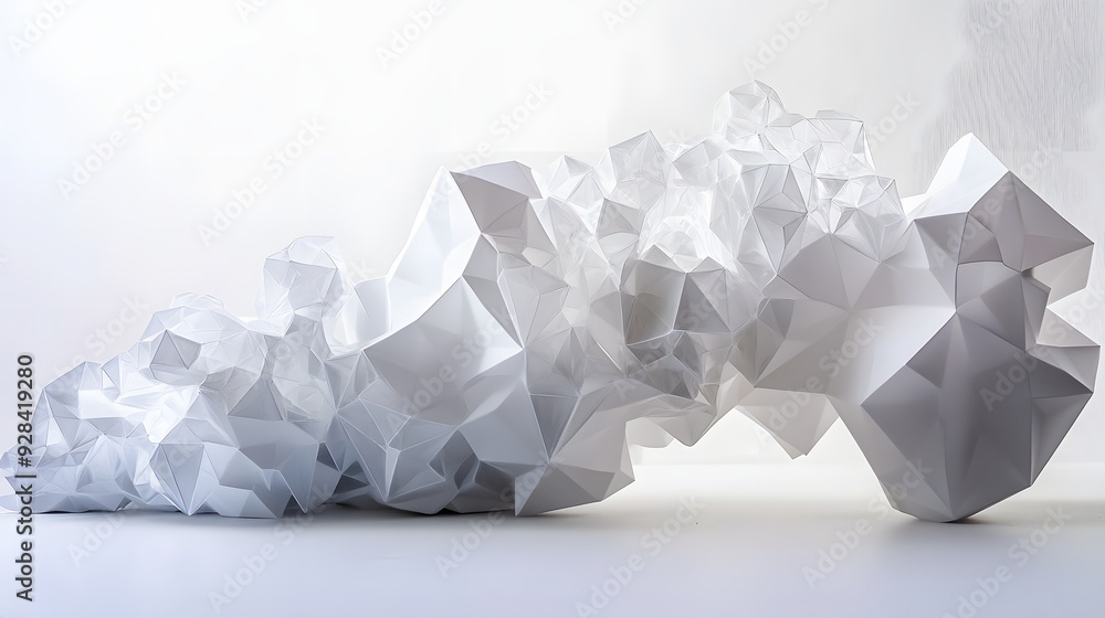 Poster 53. floating, multi-faceted geometric shapes forming an intricate 3d pattern against a clean white b