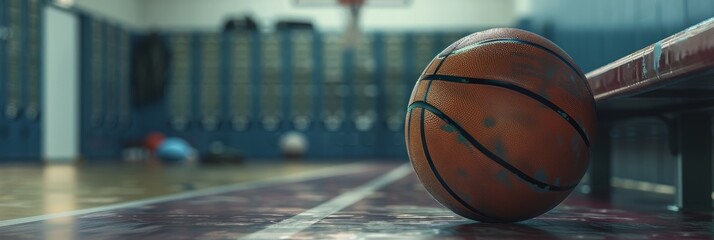 A close-up image of a worn basketball resting on a bench in a gymnasium. The ball's texture and the blurred background create a sense of nostalgia and athleticism.