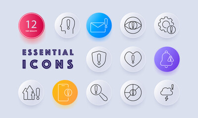 Alert notification set icon. Exclamation, envelope, head, eye, shield, heart, bell, home, cloud, phone, magnifier, circle, caution, emergency, attention, danger, safety, priority, security, interface