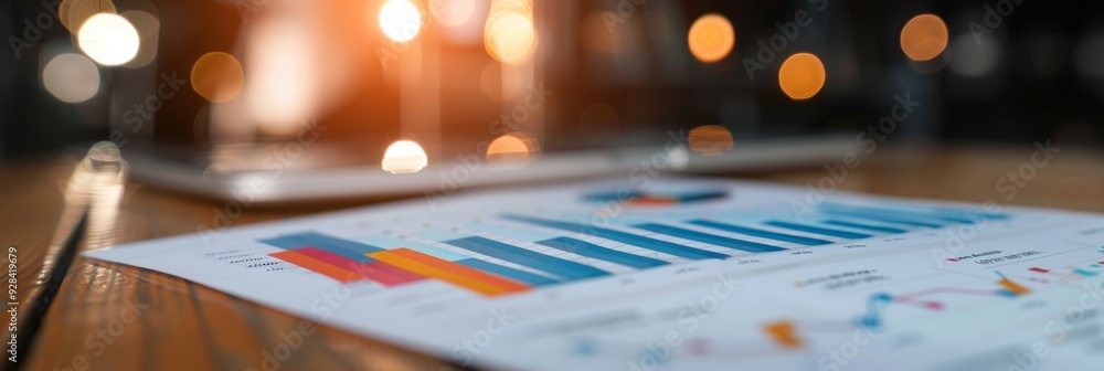 Poster a close-up of a financial report with a bar graph and a pie chart, symbolizing growth, analysis, dat