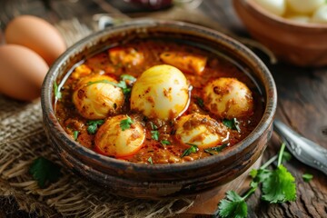 Popular Indian spicy food served in a ceramic bowl on rustic wooden background