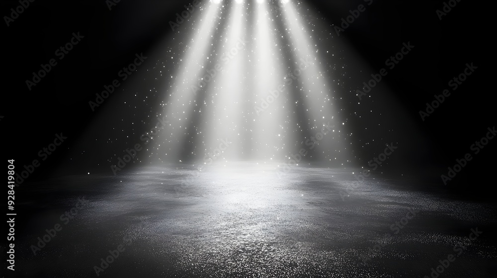 Poster three bright spotlights illuminate a dark stage, creating a dramatic effect with light and shadow.