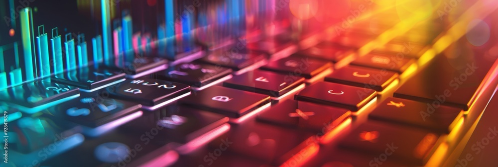 Poster a close-up of a laptop keyboard with colorful lights reflecting on the keys. the colors represent da