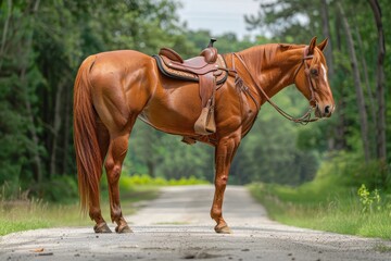 Portrait of a beautiful chestnut horse with a saddle standing on a country road in summer