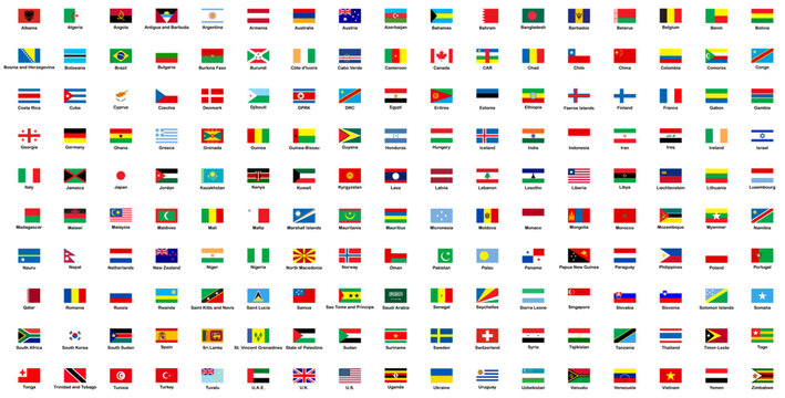 All world flags with signatures vector set of rectangular icons. Flags of all countries and continents. International flags, country emblems, global identity, national flags, geographical symbols