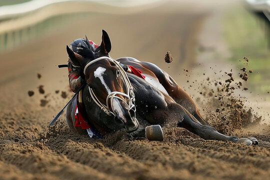 Fall of a horse at a race with a jockey, pieces of dirt on a track with grass. Hippodrome, equestrian sport.