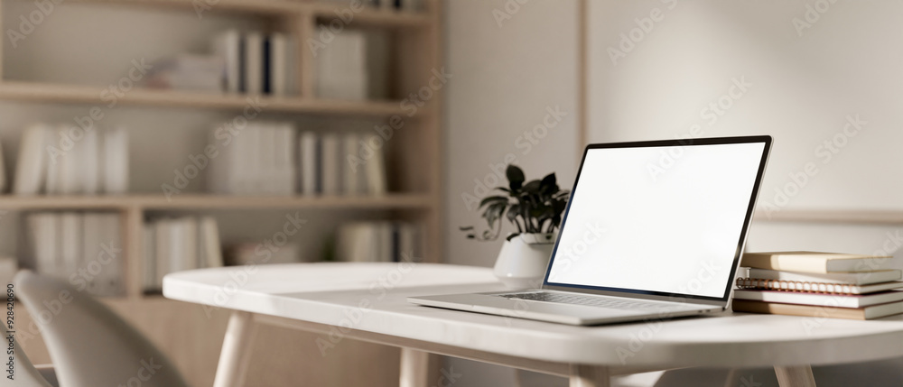 Poster a close-up image of a laptop computer with a white-screen mockup on a table in a contemporary room.