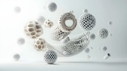 Fototapeta premium 56. Dynamic arrangement of floating geometric forms and intricate patterns creating a modern 3D design on a pristine white background.