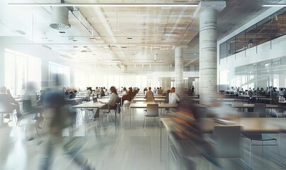 Office building with a large room full of tables and people working and part of the staff walking between the tables. Blurred people long exposure, Generative AI