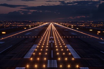 Runway lights illuminate night sky