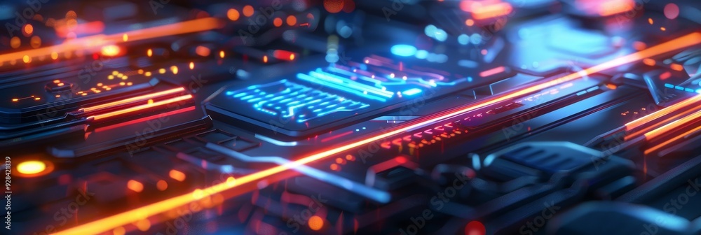 Poster a close-up view of a futuristic circuit board with glowing red and blue lights. the image symbolizes