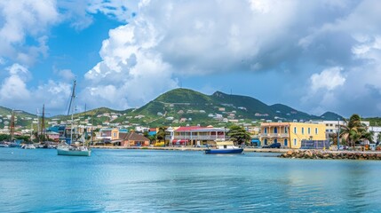 Fototapeta premium Harbor View with Sailboats and Colorful Buildings